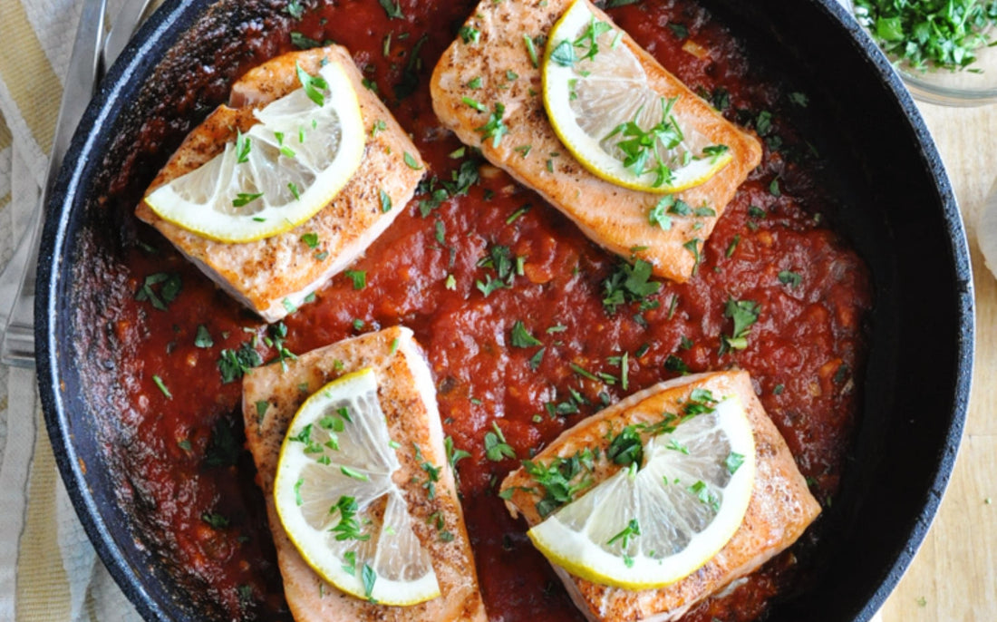 Pan Grilled Spanish Salmon in High-Protein Marinara Sauce