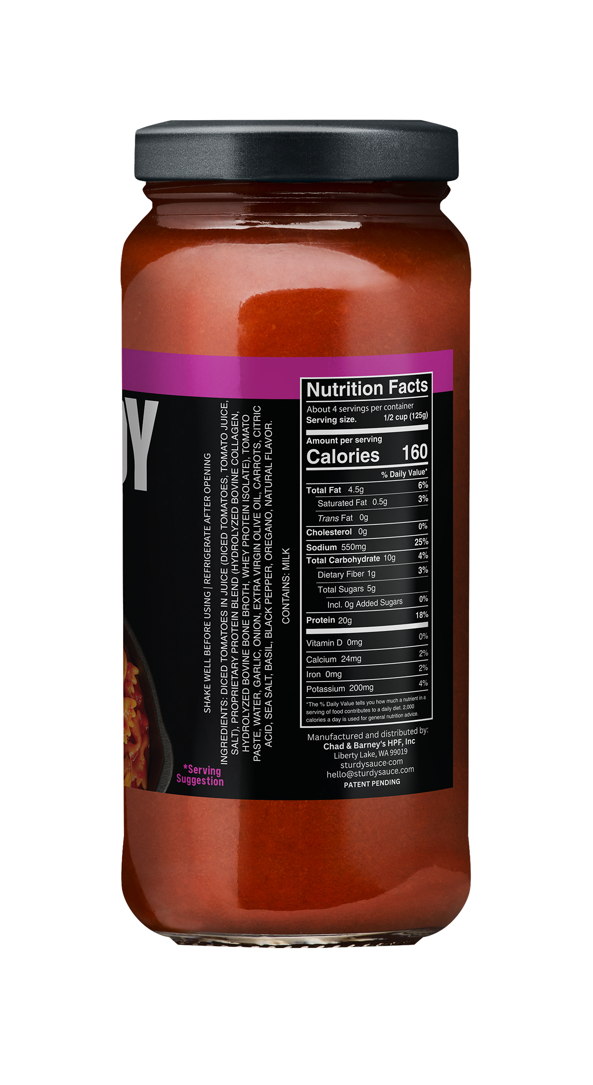 Jar of pasta sauce with a black lid on a white background, focusing on the nutrition label and ingredients list.