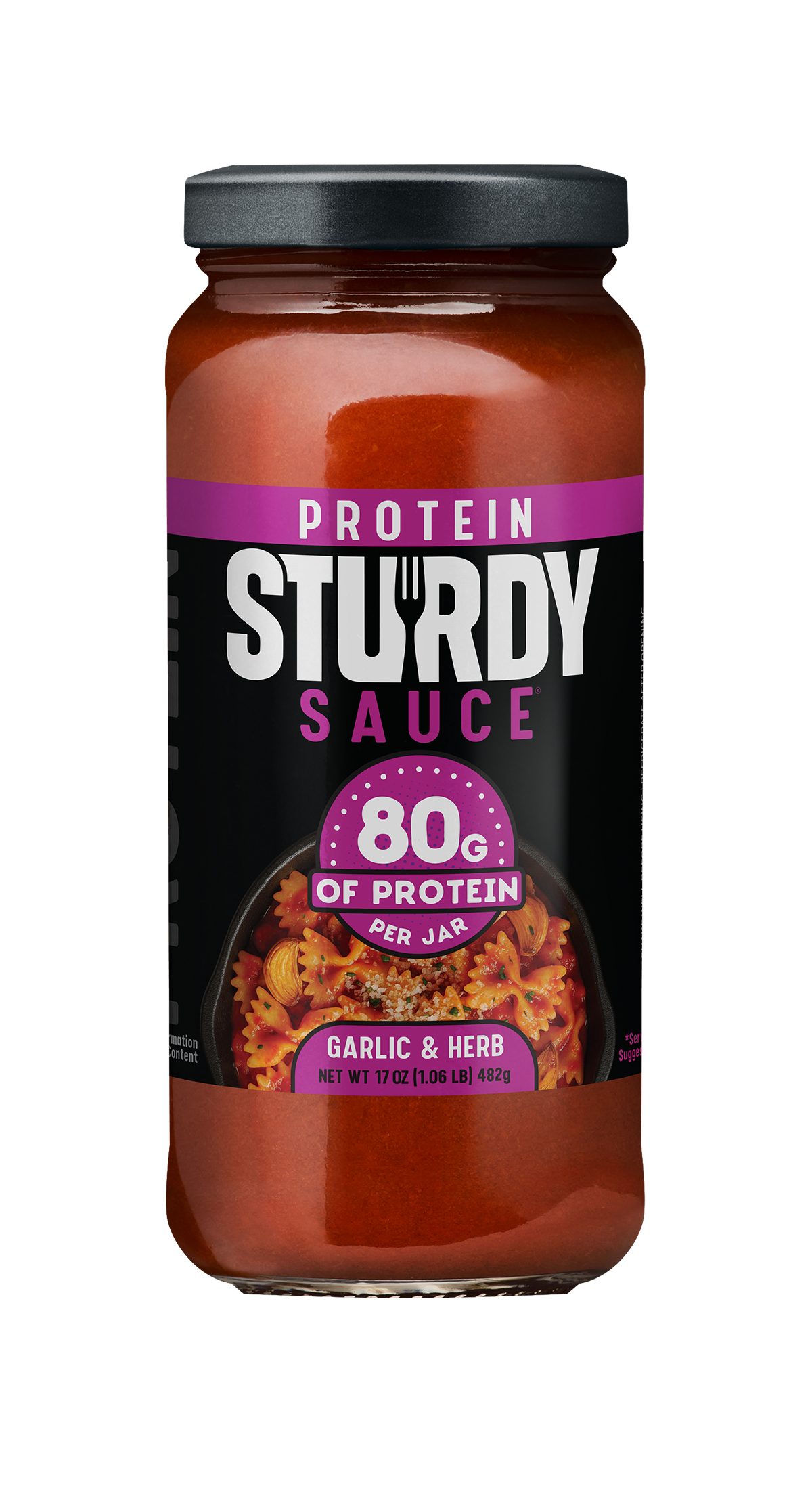 Jar of Protein Sturdy Sauce with garlic & herb flavor on a white background. The jar label shows it holds 80 grams of protein per jar.
