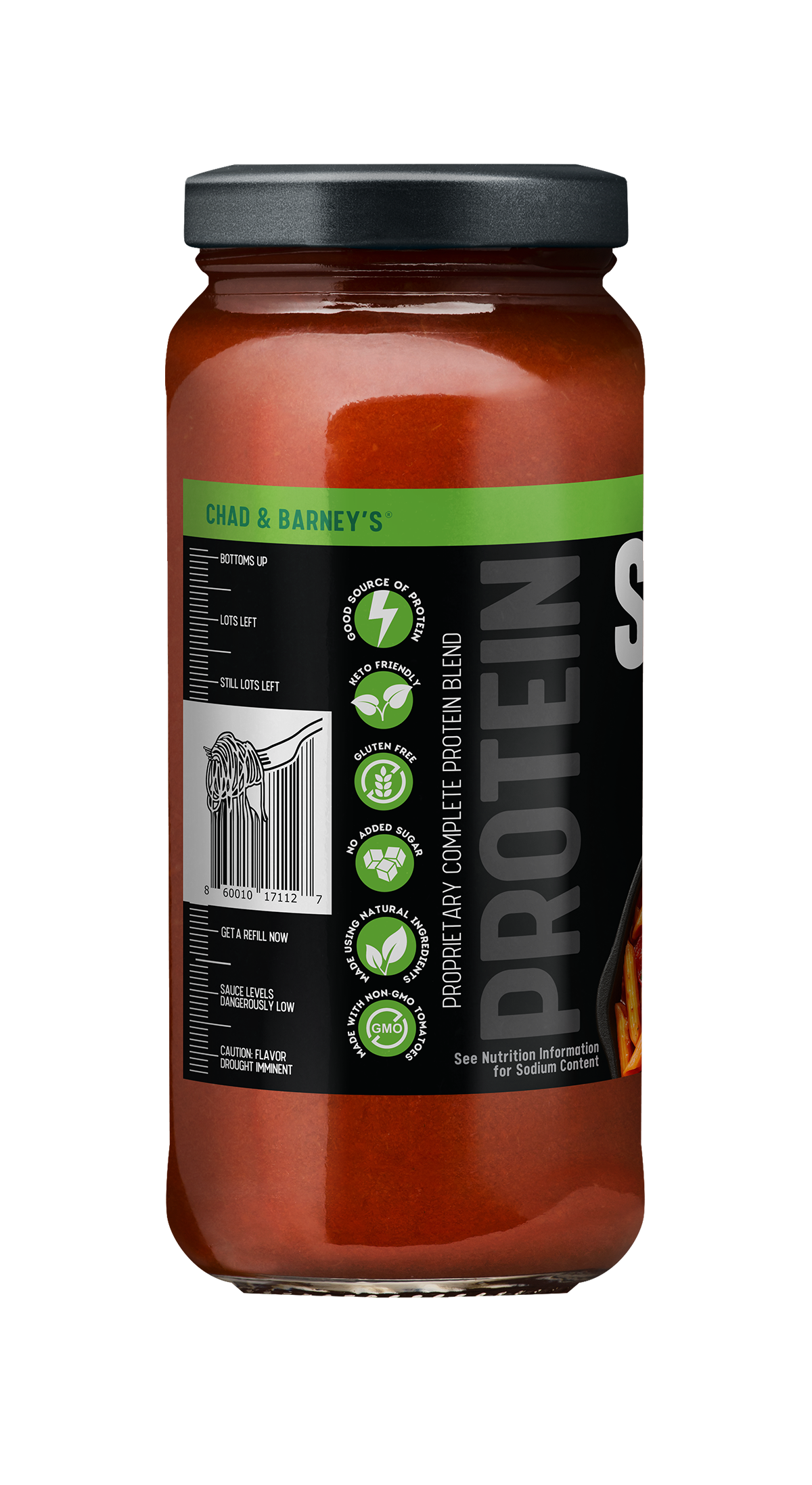 Protein supplement jar with a black label on a white background. Showing the barcode.