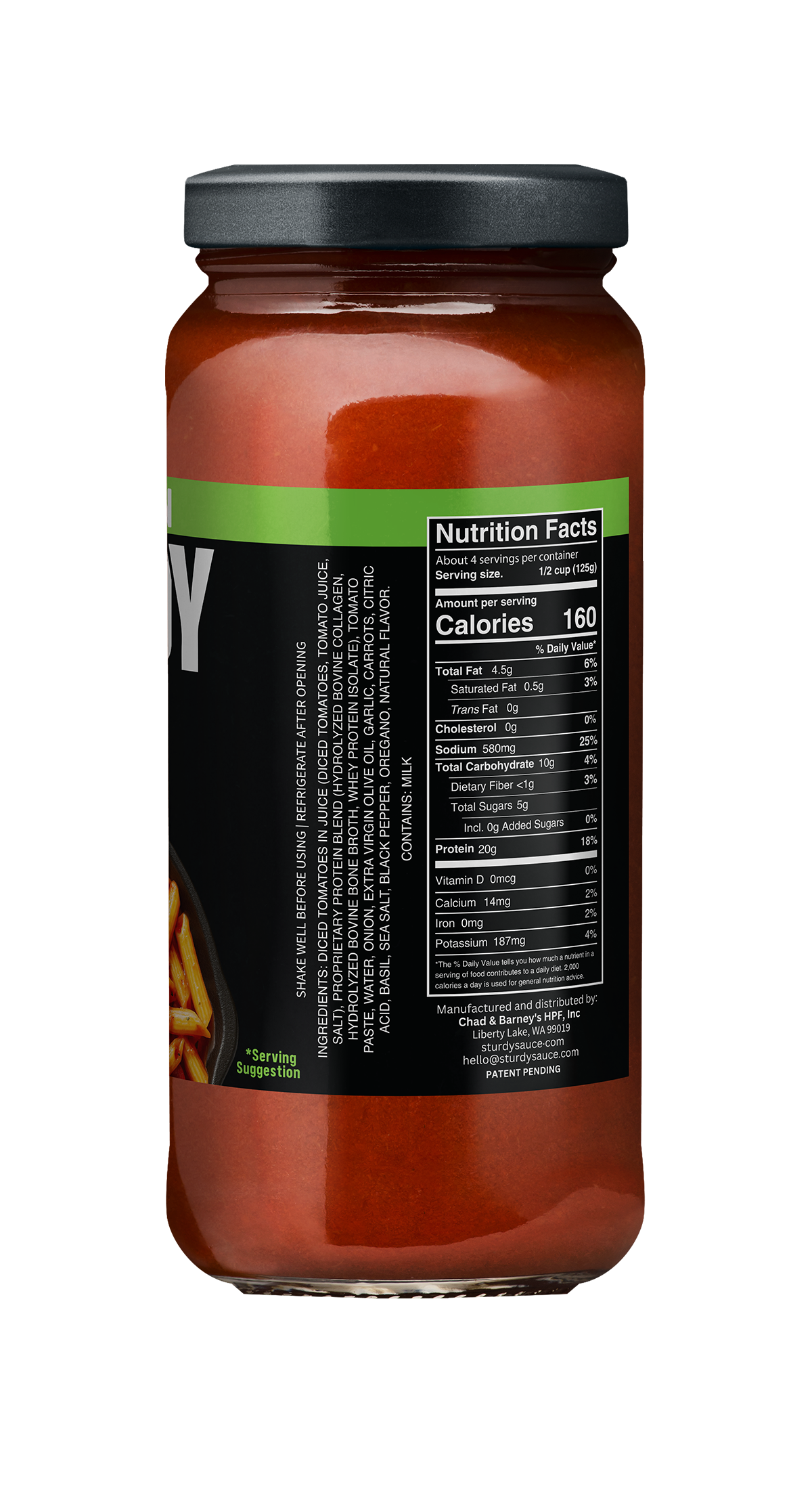 Jar of protein pasta sauce with a focus on the nutrition label and ingredients list.