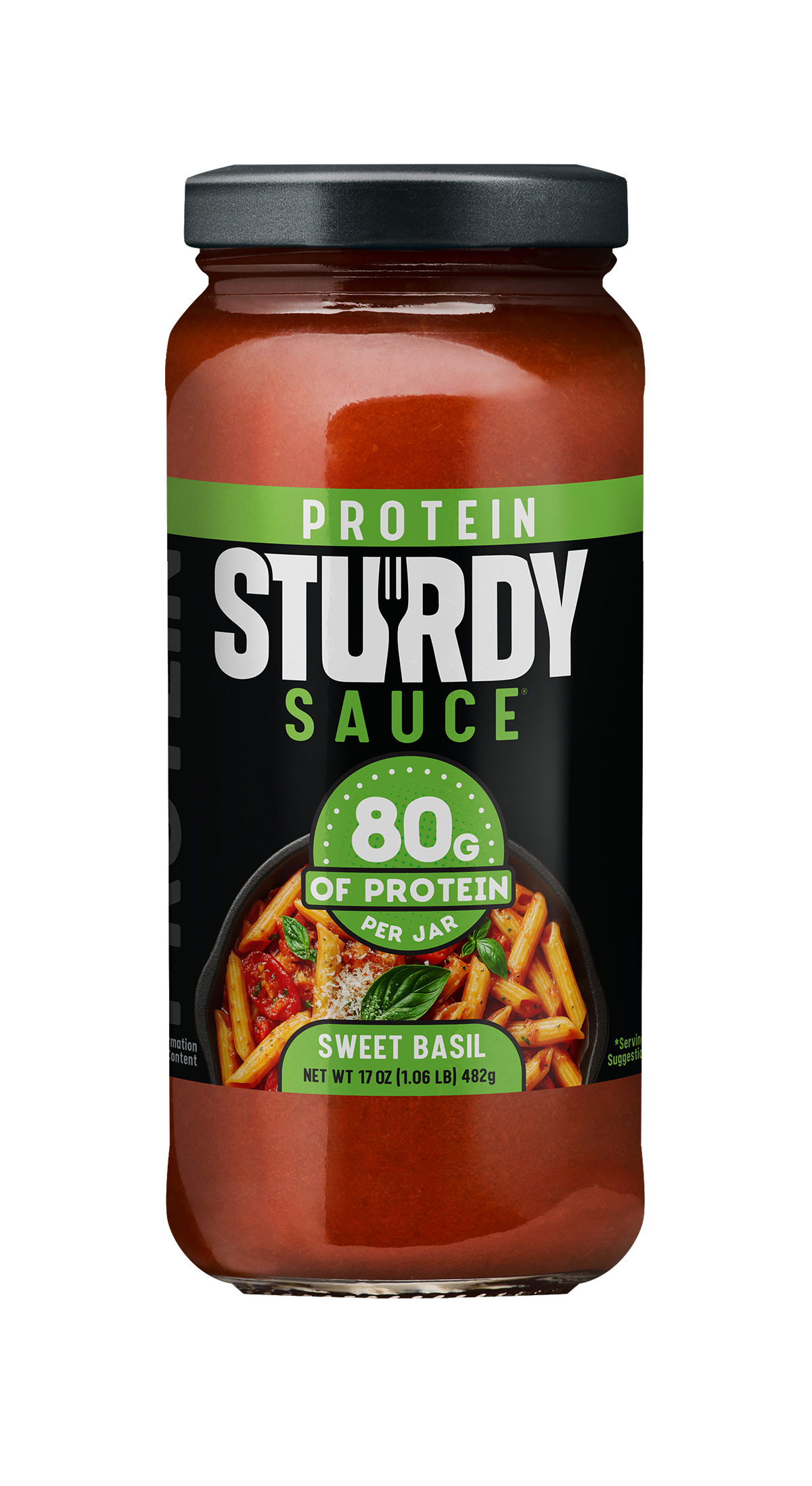 Jar of Protein Sturdy Sauce with black lid on a white background. The front of the label shows 80 grams of protein per jar.