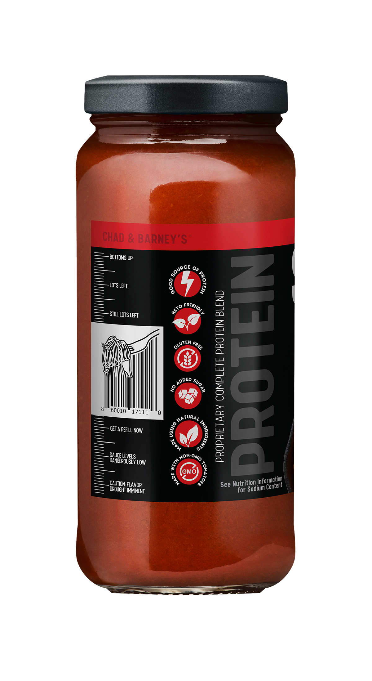 Protein supplement jar with a black label on a white background. Showing barcode.