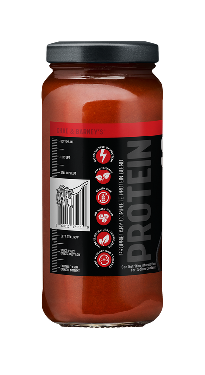 Protein supplement jar with a black label on a white background. Showing barcode.