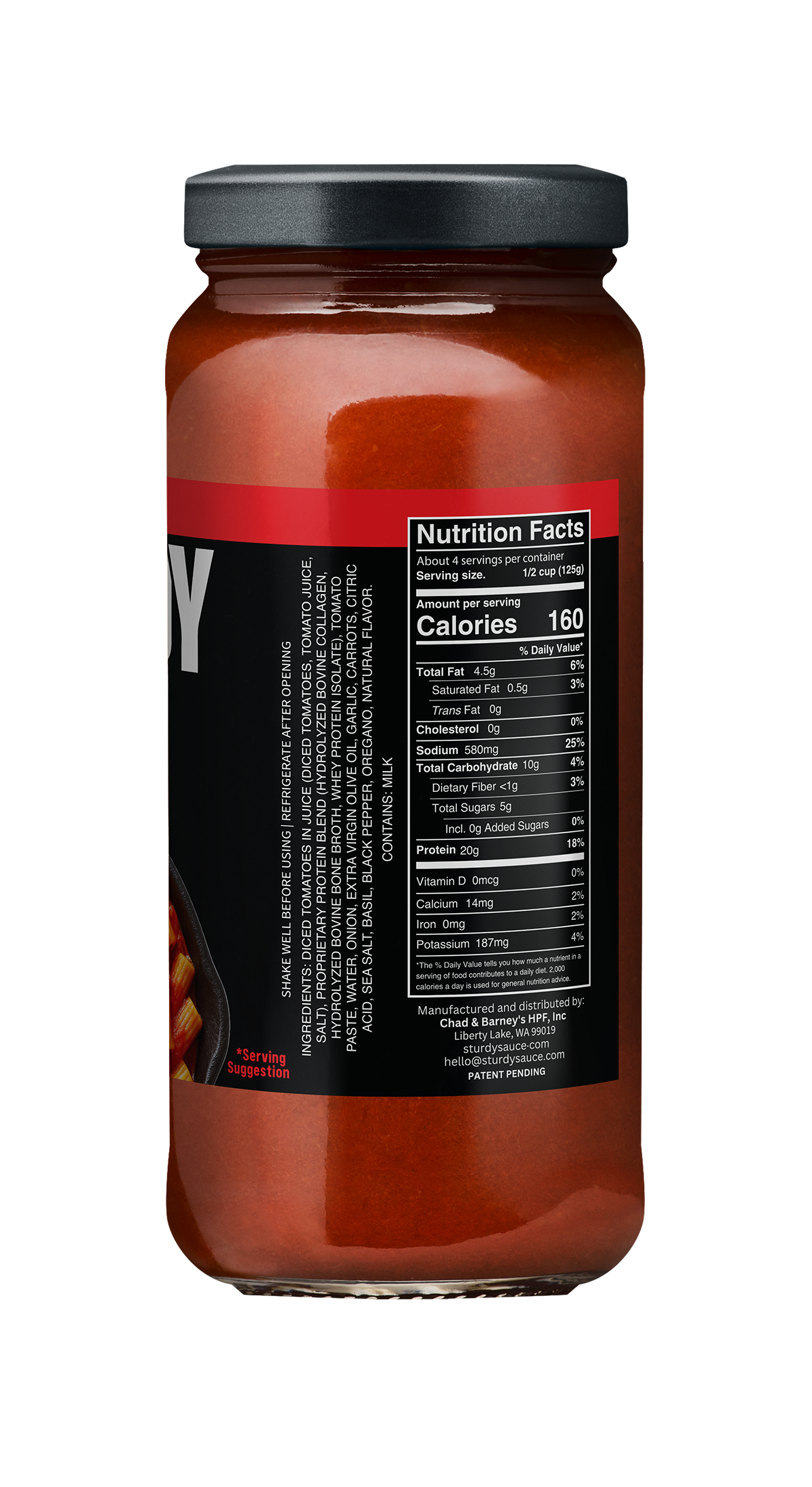 Jar of spaghetti sauce with a black label on a white background. Nutrition label and ingredients list. 