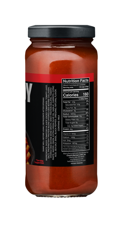 Jar of spaghetti sauce with a black label on a white background. Nutrition label and ingredients list. 