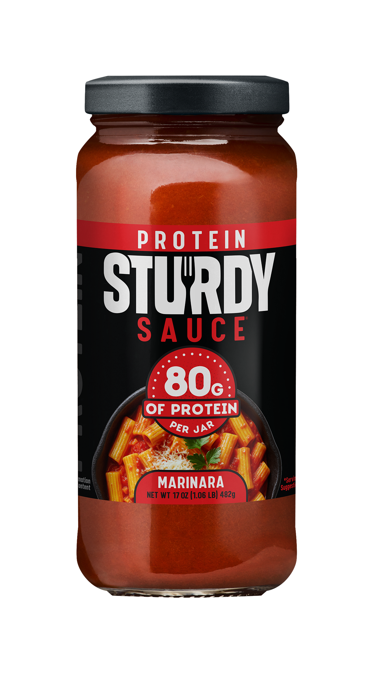 Jar of Sturdy Protein Sauce with black lid on a white background