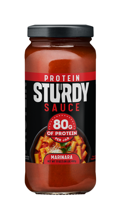 Jar of Sturdy Protein Sauce with black lid on a white background